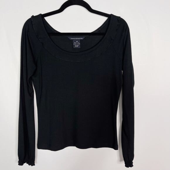 French Connection Womens M Black Modal Wool Ruffle Scoop Neck Long Sleeve Top - Picture 1 of 7